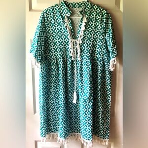Green White Clover Circle Print Tassel Trim Dress or Swimsuit Cover Up Large